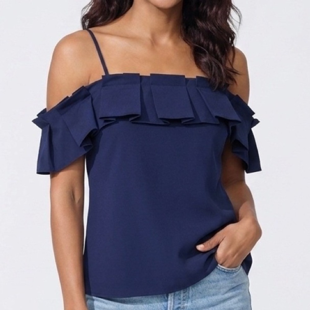 Love Encounter Ruffle Blouse Womens Medium Navy Blue Cold Shoulder Pullover Chic